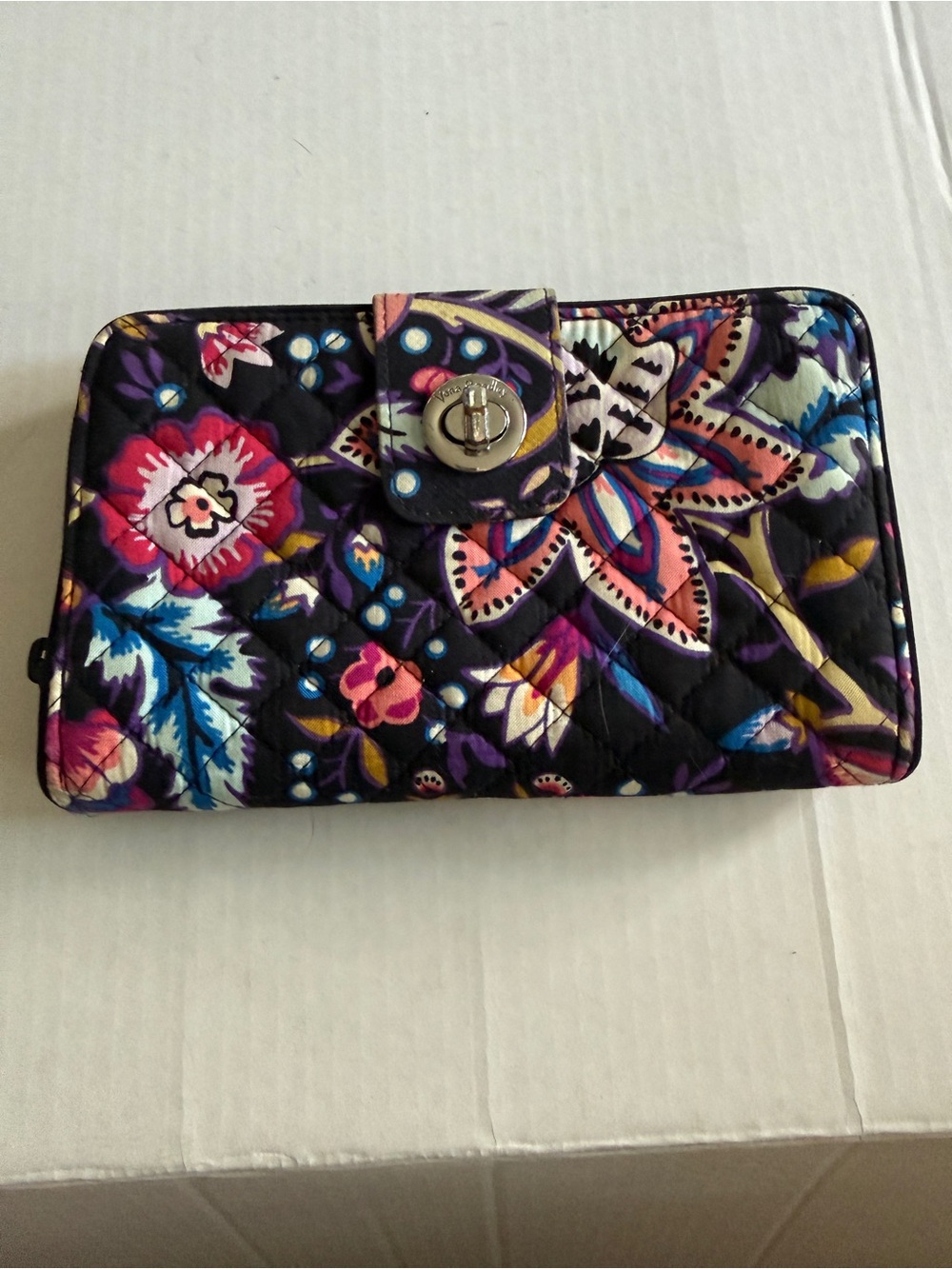Vera Bradley Black Quilted Floral Snap Wallet with Multicolor Blooms